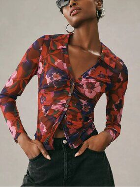Maeve Slim Ruched Mesh Shirt – Floral Print Long Sleeve – Size L – Like New